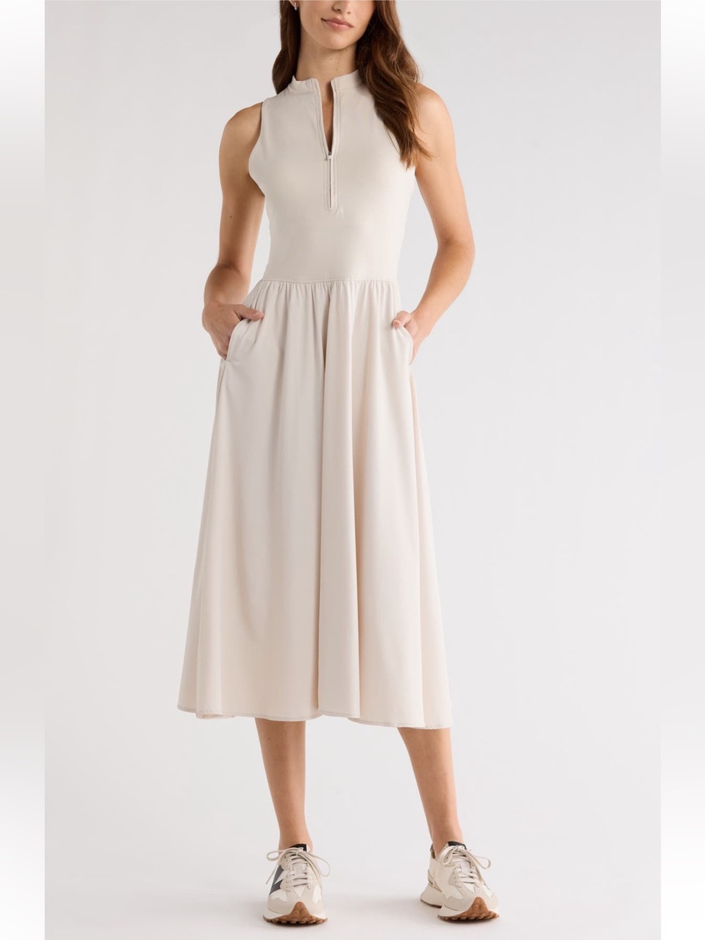 Zella Atlas Zip Front Sleeveless Midi Dress Size Medium Moonbeam Cream